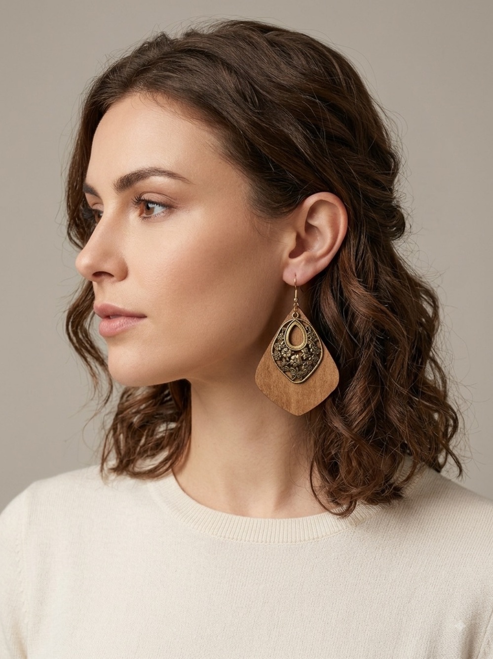 Stylinn Gold Filigree Floral Teardrop Wood Dangle Drop Earrings NWT